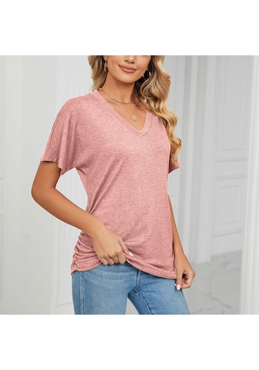 Bordo Hnxc Kadın Moda Günlük Yaz Düz Renk Baskı Kısa Kollu V Yaka Bluzlar Ve Gömlekler Bordo