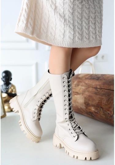 Uliza Bej Cilt Bağcıklı Kadın Çizme Bej