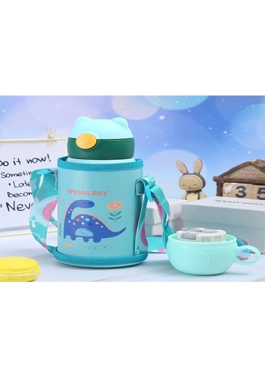 Moveevo Kız Çocuk 316 Paslanmaz Çelik Isı Saklama Şişesi - Ayı Baskılı Pembe Karyola Su Bardağı Gri