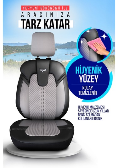 Gri - Siyah Panda Monte Carlo Serisi Velor Kadife Kumaş Oto Koltuk Kılıfı - Tam Set
