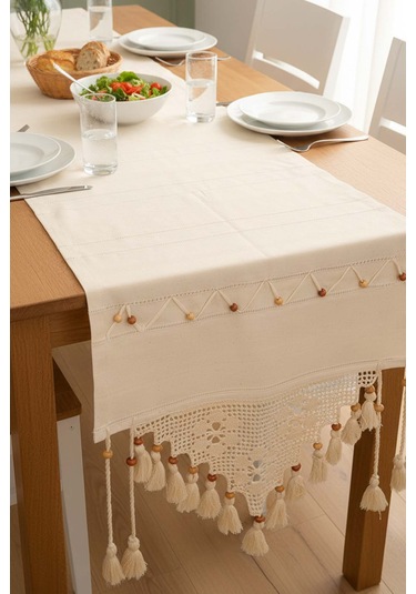 Dantel İşlemeli Boncuklu Runner 50x130 Cm Krem