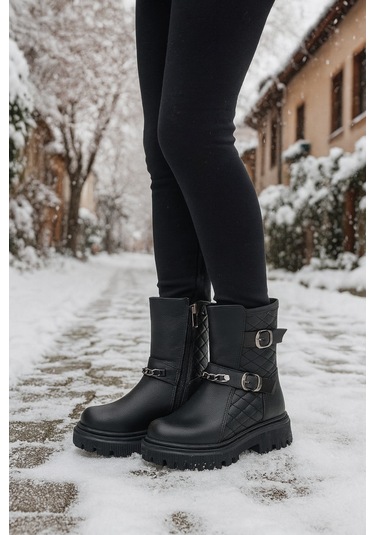 Ortopedik Bağcıklı Fermuarlı Kız Çocuk Bot Ayakkabı Siyah Kız Çocuk Bot Siyah - Siyah