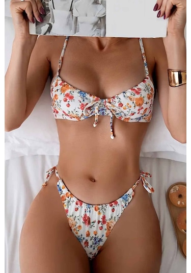 Angelsin Bağlamalı Çiçek Baskılı Bikini Altı Çok Renkli