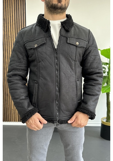 Erkek İçi Kürklü Suni Pul Deri Mont Siyah Edw120-siyah Siyah