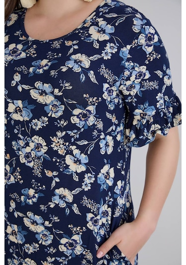 Wearon Kadın Dora Büyük Beden Volanlı Beyaz Papatyalar Lacivert Elbise Lacivert