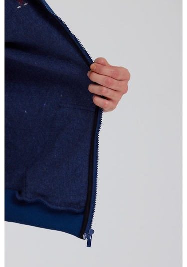 Polostate Erkek Fermuarlı Kanguru Cep 3 İplik Sweatshirt İndigo
