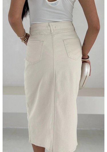 Paralel Taşlı Yırtmaçlı Denim Etek Beyaz Beyaz