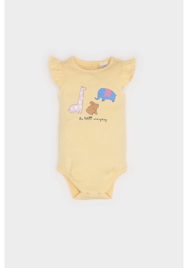 DeFacto Kız Bebek Yenidoğan Bisiklet Yaka Hayvan Desenli Fitilli Kaşkorse Kısa Kollu Çıtçıtlı Body E7945A525SMYL488 Sarı