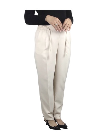 Kadın Beli Lastikli Boru Paça Pantolon Krem