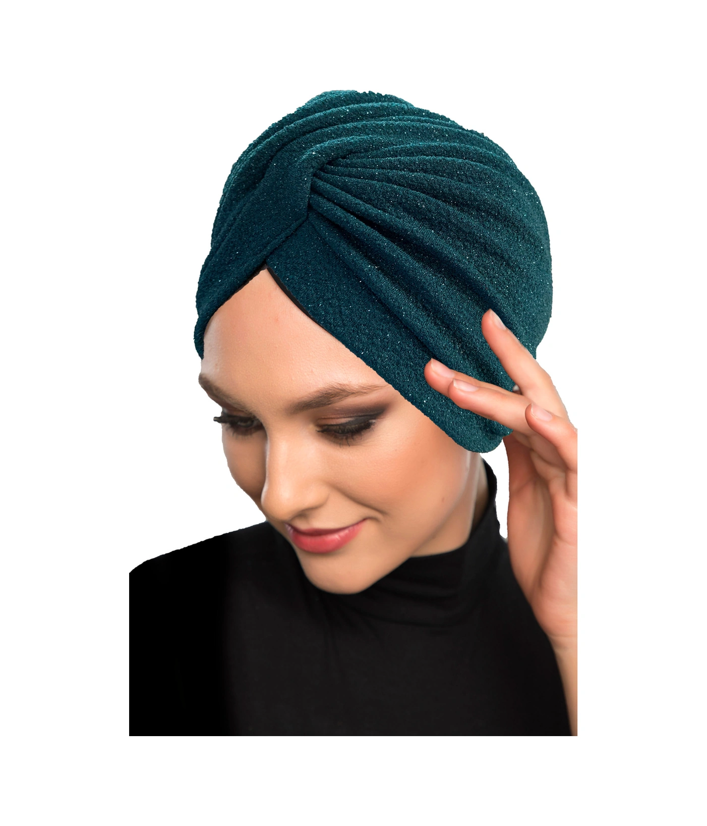 Çapraz Fukuro Simli Astarlı Yeşil Hazır Türban Tesettür Abiye Bone Yeşil