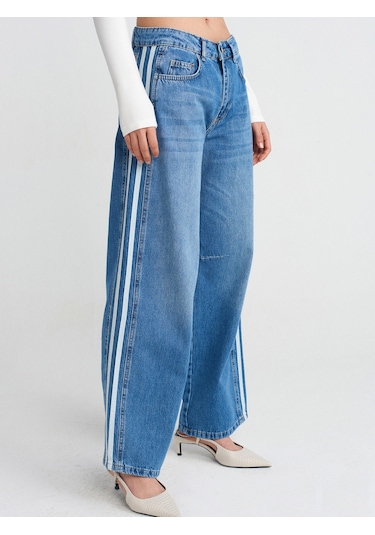 Dilvin 71755 Yanı Şeritli Balon Denim Pantolon Mavi