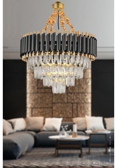 Palmira 55'lik Prizma Kesim Kristal Taşlı Lüks Avize - Siyah-gold Siyah-Gold