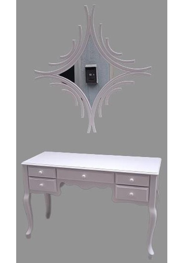 Dresuar Makyaj Masa 5 Çekmece Cnc Ayna Kayın Aslan Ayak Parlak Beyaz Lake El Yapımı Beyaz