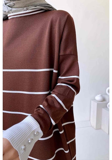 Bisiklet Yaka Çizgili Merserize Tunik - Kahverengi
