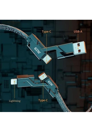 Pdateknoloji AZ-B10TH 2 İn 2 65 W USB Type-C Ve Lightning Örgülü Şarj Ve Data Kablosu 1.5 M Siyah