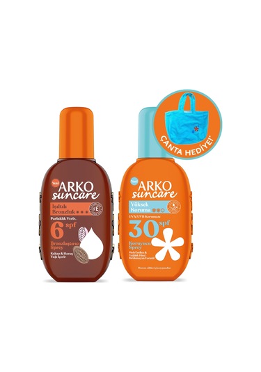Arko Suncare Yüksek Korumalı Vücut Güneş Spreyi SPF30+ 200 ML + Bronzlaştırıcı Güneş Yağı SPF6 220 ML + Çanta