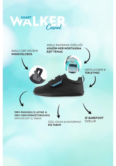Smart Walker Casual Süper Mat Siyah Barefoot Çocuk Ayakkabı Siyah
