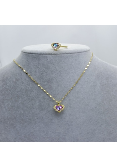 Yeni Sezon 22 Ayar Altın Kaplama Singapur Zincir'li Kalp'li Mor Taş'lı Kadın Kolye Yüzük Seti Gold
