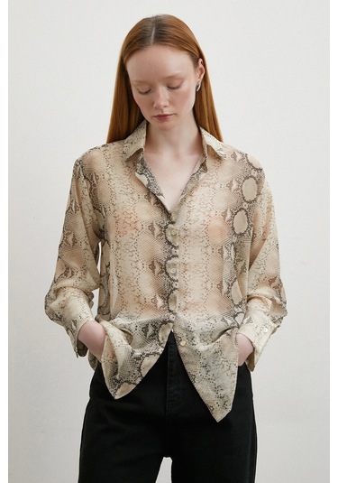 Yılan Derisi Desenli Tül Gömlek Bej Bej