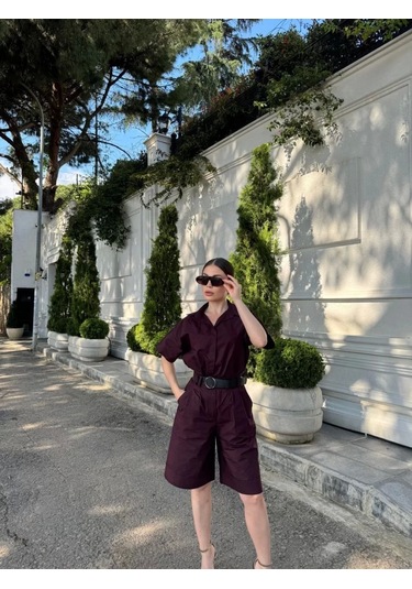 Kadın Yakalı Gömlek Kemerli Şortlu Takım - Bordo Bordo