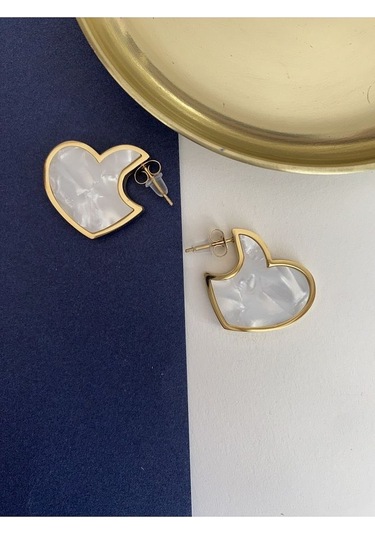 Mineli Kalp Çelik Kararmaz Küpe Çifti Altın