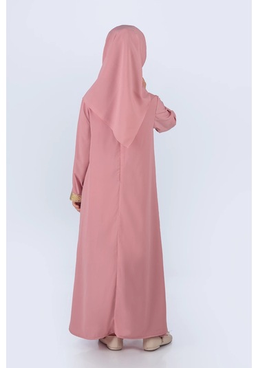 Eşarplı Ferace Medine İpek Kumaş Kız Çocuk Pembe