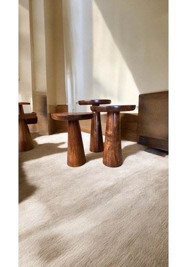 Wood Ahşap 3 Lü Set Mantar Yan Sehpa Konik Model / Kestane Renk