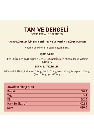 Sığır Etli Yaş Konserve Yavru Köpek Maması, Jöle İçinde Parça Etli, 400 Gr X 12 Adet