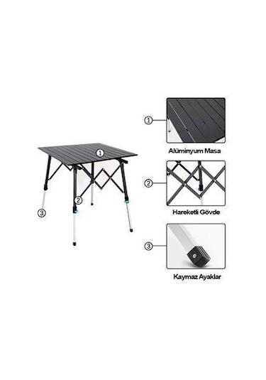 Madfox Yüksekliği Ayarlanabilir Katlanır Kamp Masası Büyük Boy Siyah Renk Siyah