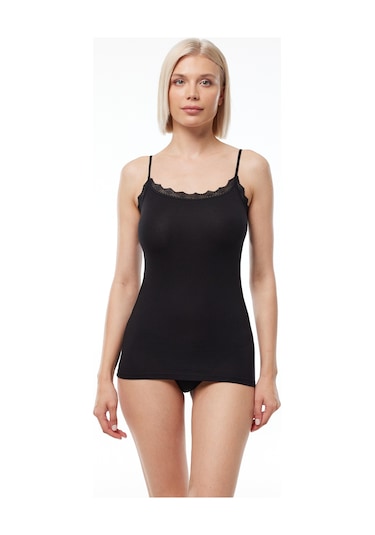 Malabadi Kadın Siyah 2 Li Paket Ayarlanabilir Ip Askılı Güpürlü Modal Atlet 141 Siyah