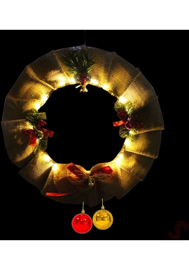 Yılbaşı 50cm Jüt Kapı Çelengi, Led Işıklı