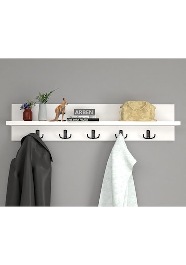 Ahşap Raflı Duvar Askılığı 5 Kancalı Portmanto Askı Anahtarlık Askısı Banyo Giriş Hol İçin 70 Cm Beyaz