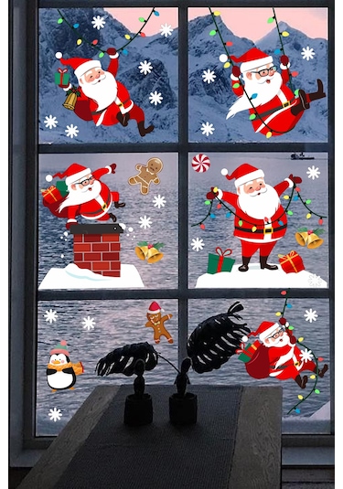 Yılbaşı Sticker  Sevimli Noel Baba ve Kar Taneleri Pencere Duvar Süsü