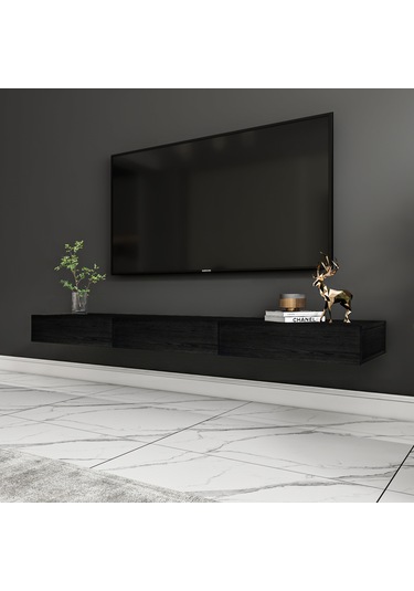 Avalon 3 Kapaklı Duvara Monte Tv Sehpası 140 Cm, Modern Minimal Tasarım, Tv Ünitesi - Ahşap Siyah Ahşap Siyah