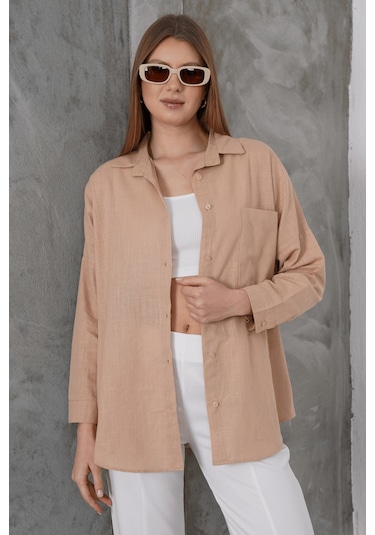 Paw Garage Kadın London Keten Tek Cepli Oversize Gömlek, Premium Kalite Keten Gömlek Açık Kahve