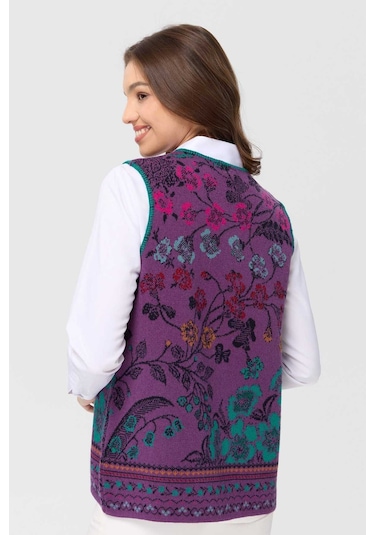 Desen Triko Kadın Sıfır Yaka Sarmaşık Desenli Yün Yelek 23119 A.mor Mor