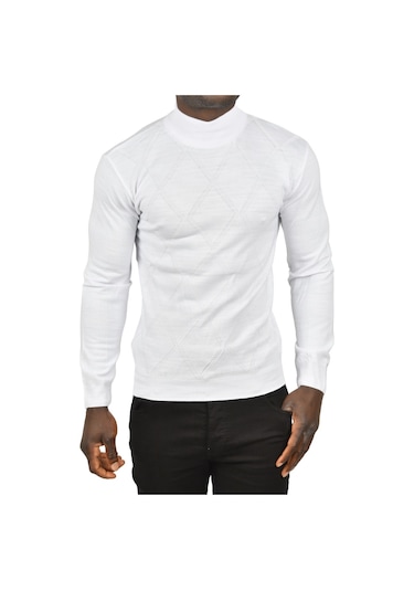 Deepsea Erkek Beyaz Baklava Desenli Yarım Balıkçı Yaka Boğazlı Triko Kazak 2505508 Beyaz