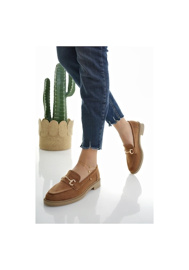 Muggo Sussie Garantili Metal Tokalı Kadın Loafer Günlük Ayakkabı - Süet Taba