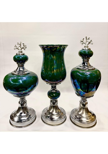 3'lü Dekoratif Prestij Dekoratif Vazo Set - Haki Haki