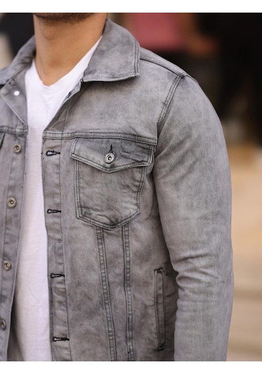 Gri Renk Eskitme Kot Ceket-1502 Gri