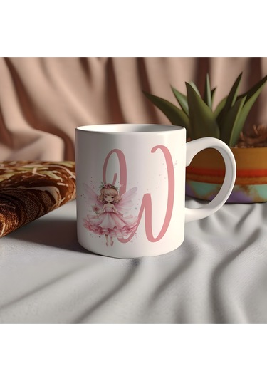W Harfi Pembe Peri Kızı Figürlü Kupa Bardak Masalsı Çay Kahve Kupası - Kişiye Özel Hediye Beyaz