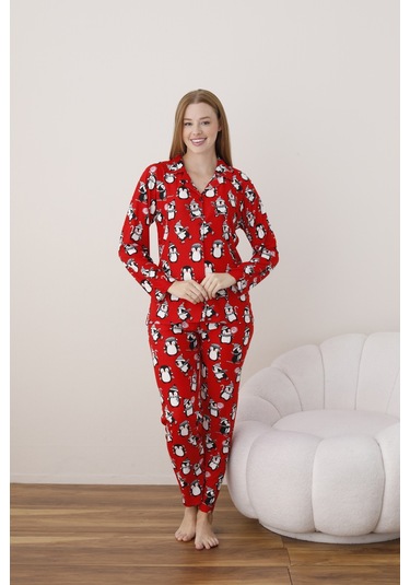 Kadın Önden Düğmeli Gömlek Yaka Suet Kumaş Pijama Takımı Kırmızı