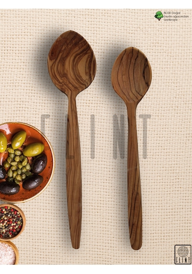 Zeytin Ahşap Tahta Kaşık 2'li Set Tahta Yemek Servis Mutfak Seti