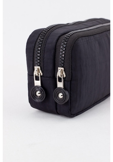 01105 Krinkıl Kumaş Yıkanabilir Çift Bölmeli Gözlü Kalemlik Kalem Kutusu - Siyah