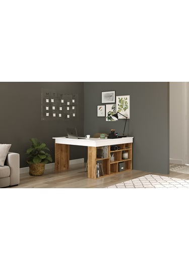 Robinhome Robin Home Boston Kitaplık Raflı Çalışma Masası L Masa Ofis Çalış Beyaz