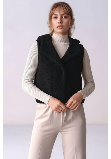 Kadın Önü Çıtçıtlı Kapüşonlu Yan Cepli Tasarım Yaka Spor Şık Crop Peluş Yelek Mavi