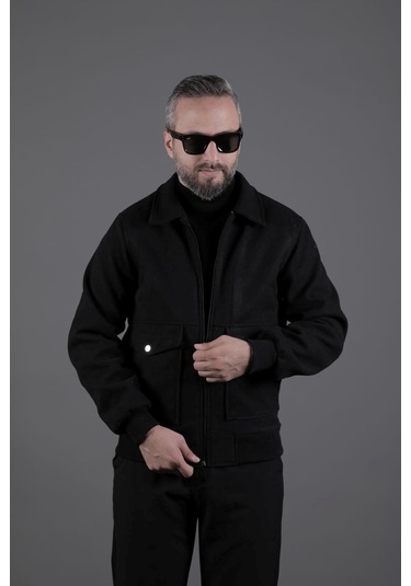 Ohepmoda Torba Cepli Ribanalı Erkek Kaşe Kaban Mont Siyah