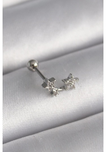 316l Çelik Gümüş Renk Zirkon Taşlı Yıldız Tragus Piercing - Prt3500eb02870-7933 Gümüş