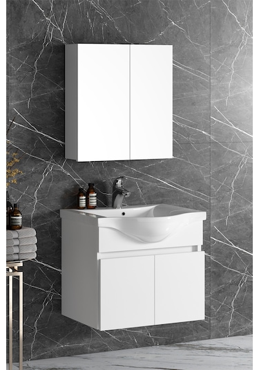 Yıldız 65 Cm Beyaz Mdf Seramik Lavabolu Asma Banyo Dolabı Takımı Beyaz