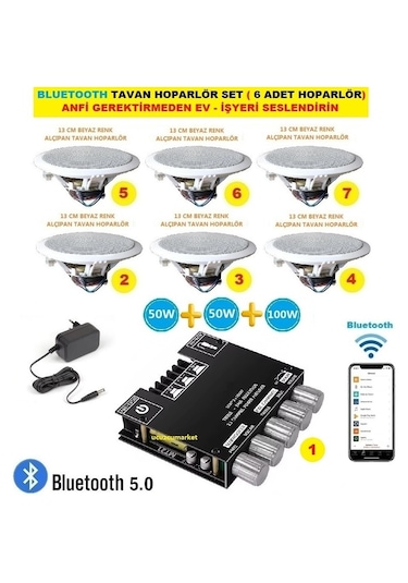 Bluetooth Tavan Hoparlör Seti 1 Adet Amfi + 6 Adet 13 Cm Tavan Hoparlör